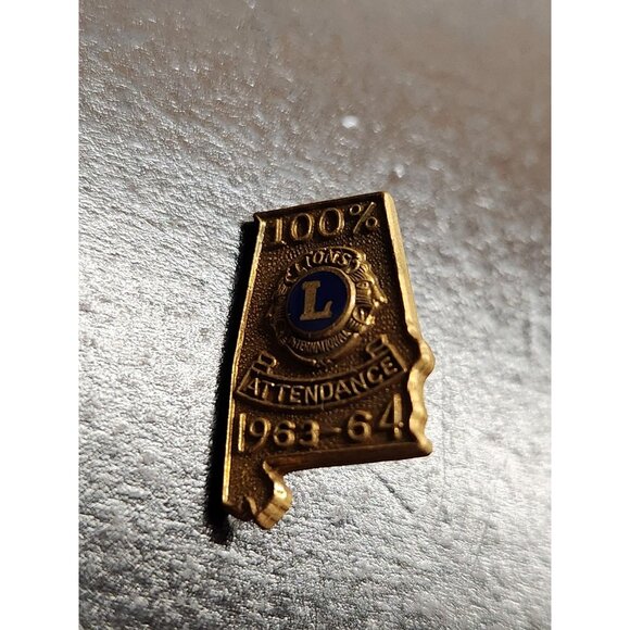 Lions Club 100% Attendance Pin 1963-64 Alabama Shape Gold Tone - Picture 2 of 5
